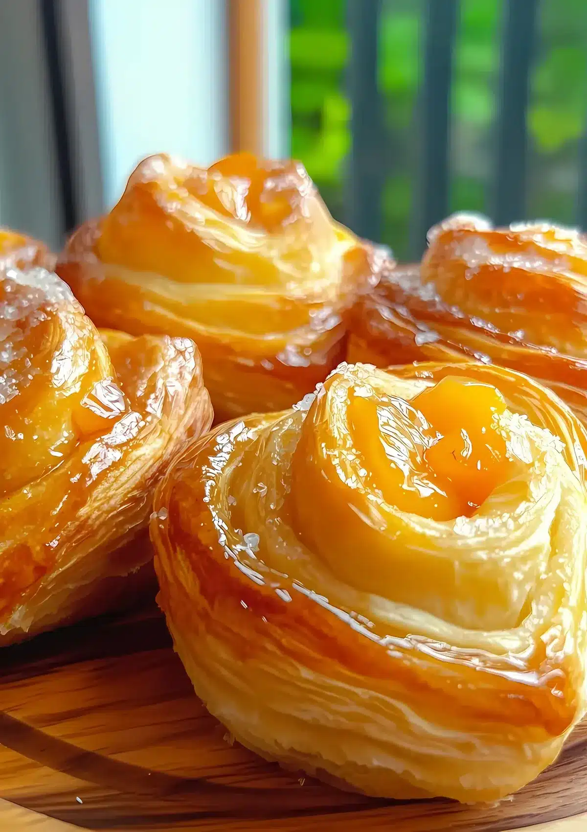 Close-up of shiny peach pie cruffins in golden light, with delicate laminated layers and a window view with green foliage in the background.

