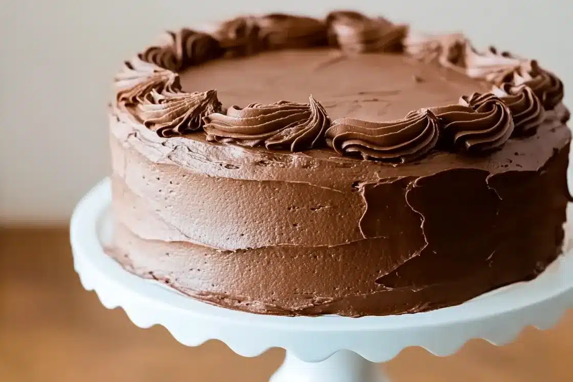 Whole chocolate layer cake with chocolate frosting rosettes on white cake stand, beautifully decorated