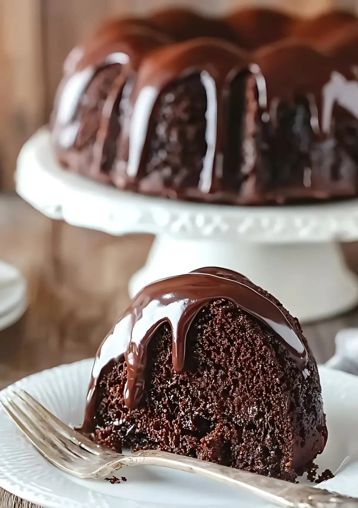 Thick slice of chocolate Bundt cake covered with glossy chocolate glaze on a plate with a fork