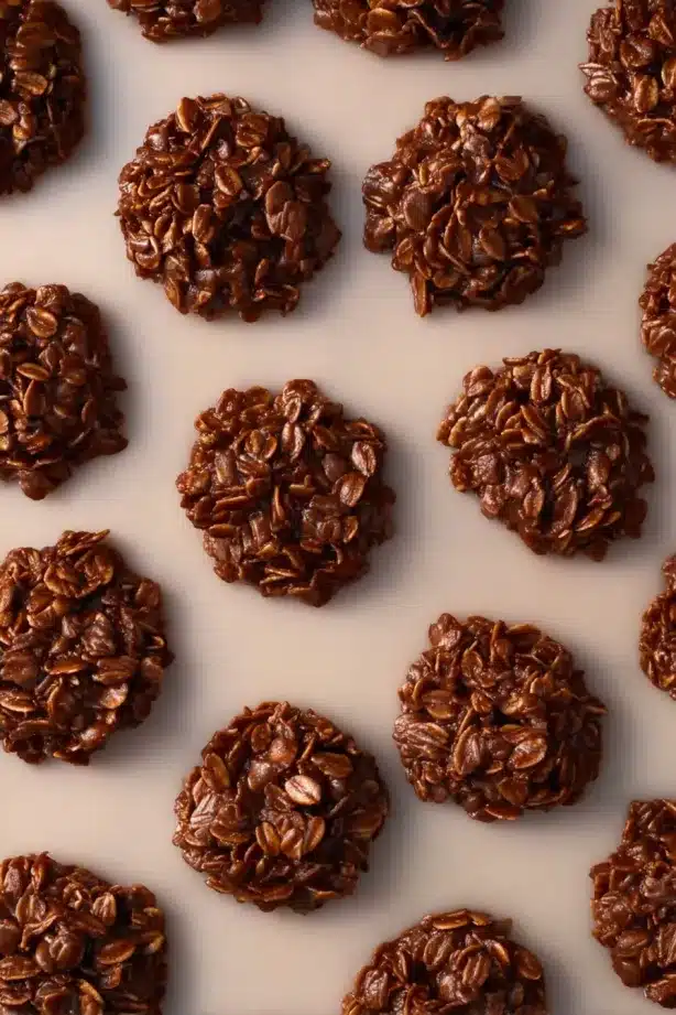 A stack of chocolate no bake cookies on a white plate next to a glass of milk.