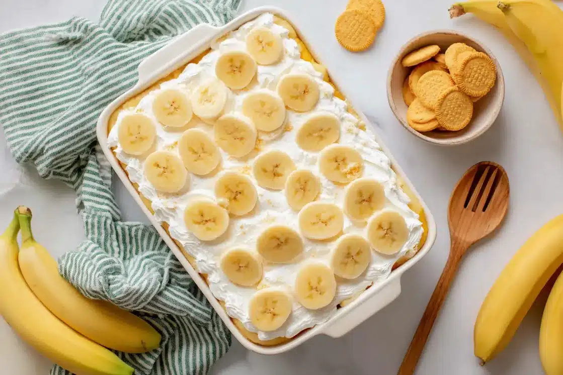 Banana pudding poke cake in rectangular baking dish with vanilla wafer cookies and fresh bananas as styling props