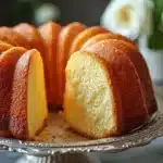 Golden bundt pound cake with fluted ridges on ornate silver serving plate, one slice cut revealing dense yellow interior crumb, white roses softly blurred in background