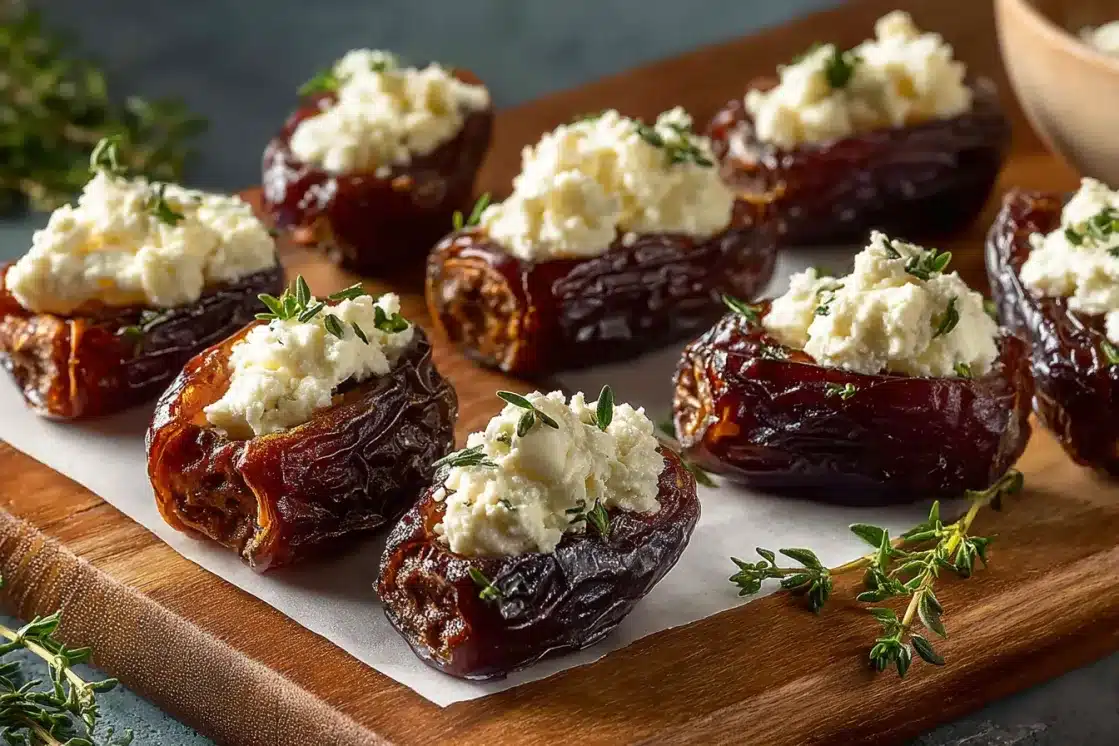 Simple goat cheese stuffed dates with fresh thyme garnish on parchment paper and wooden board