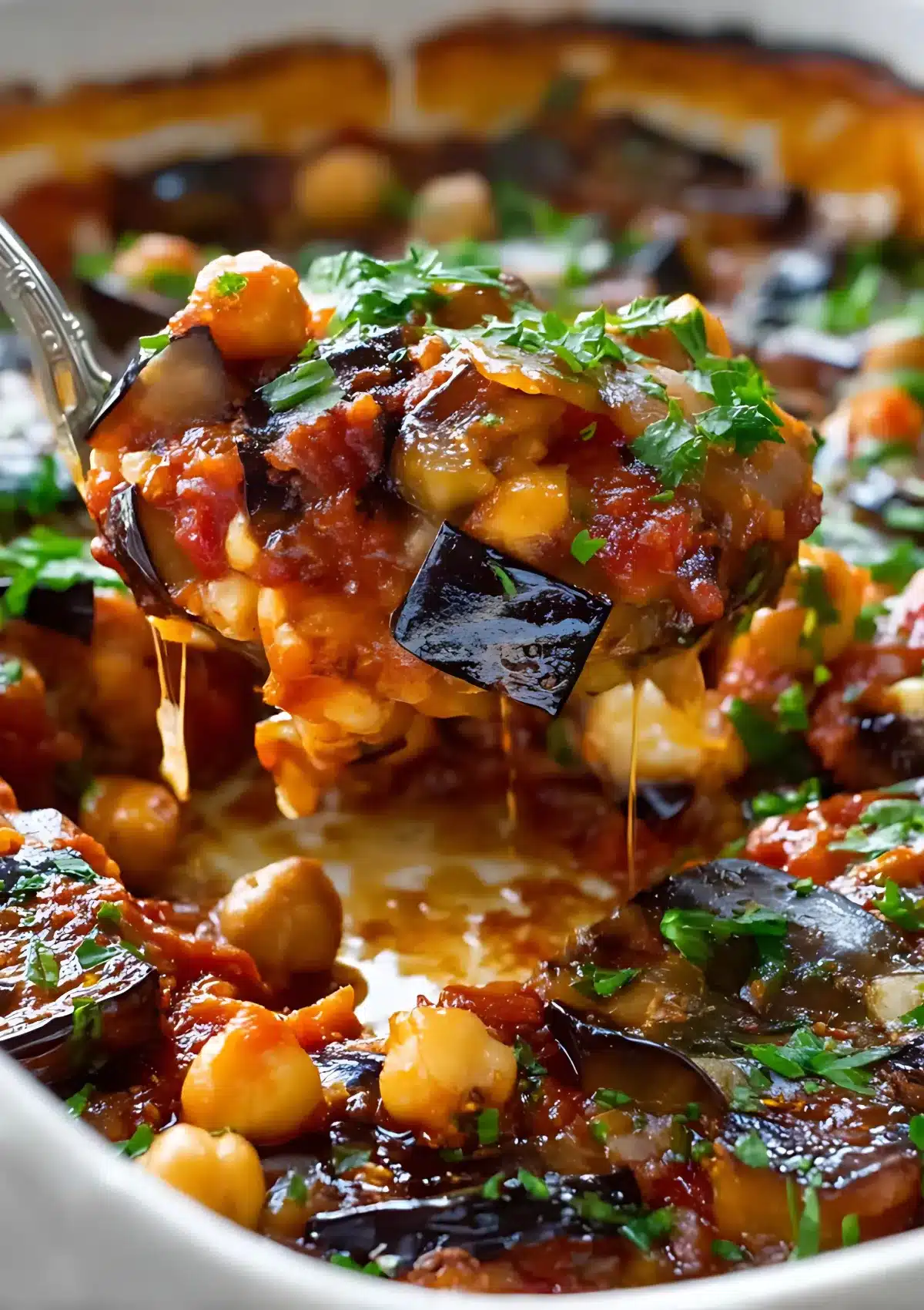 A spoon lifting a hearty serving of Lebanese moussaka with eggplant, chickpeas, and tomato sauce, garnished with chopped parsley.

