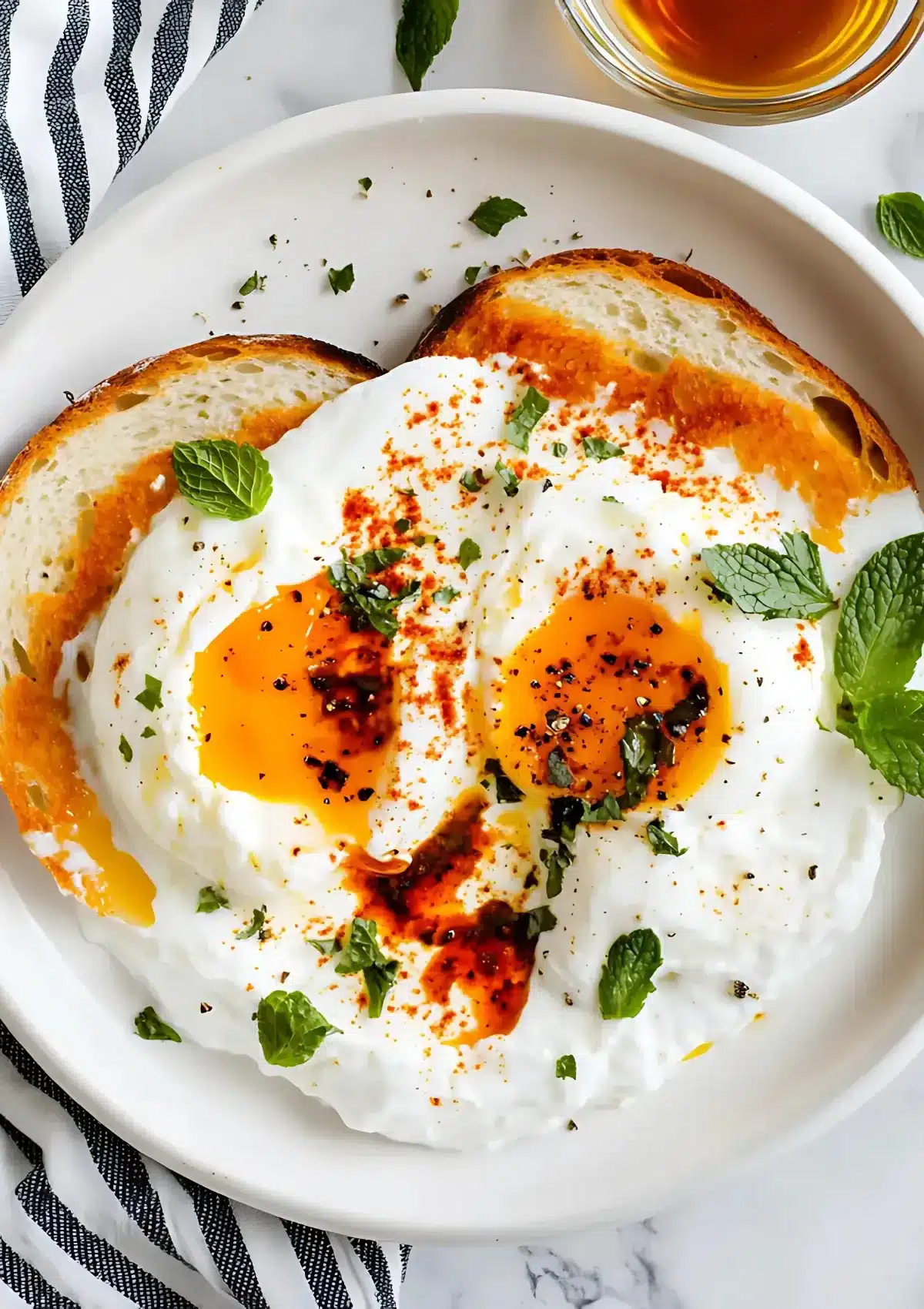 Ultra close-up of Turkish eggs with bright runny yolks, creamy yogurt base, Aleppo pepper butter, and scattered mint on a white ceramic plate.

