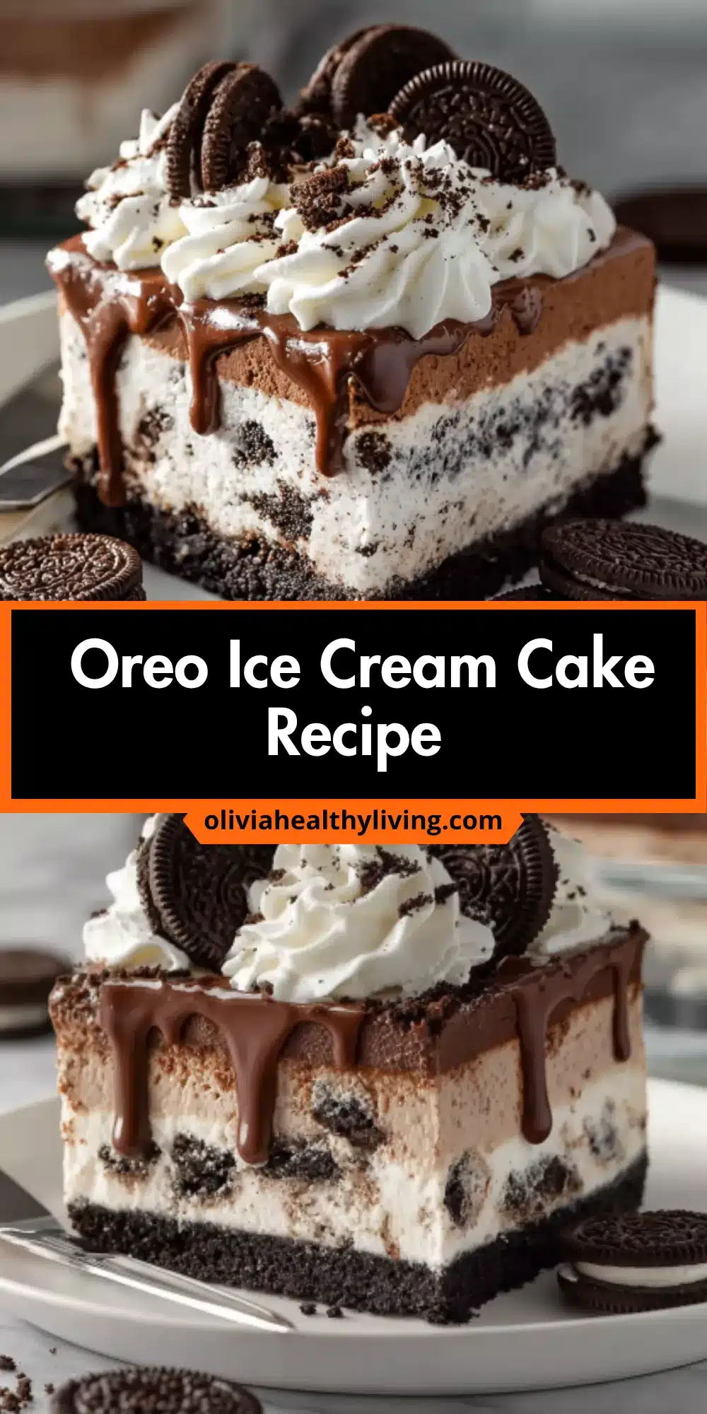 Close up of Oreo ice cream cake slice showing detailed layers of chocolate crust