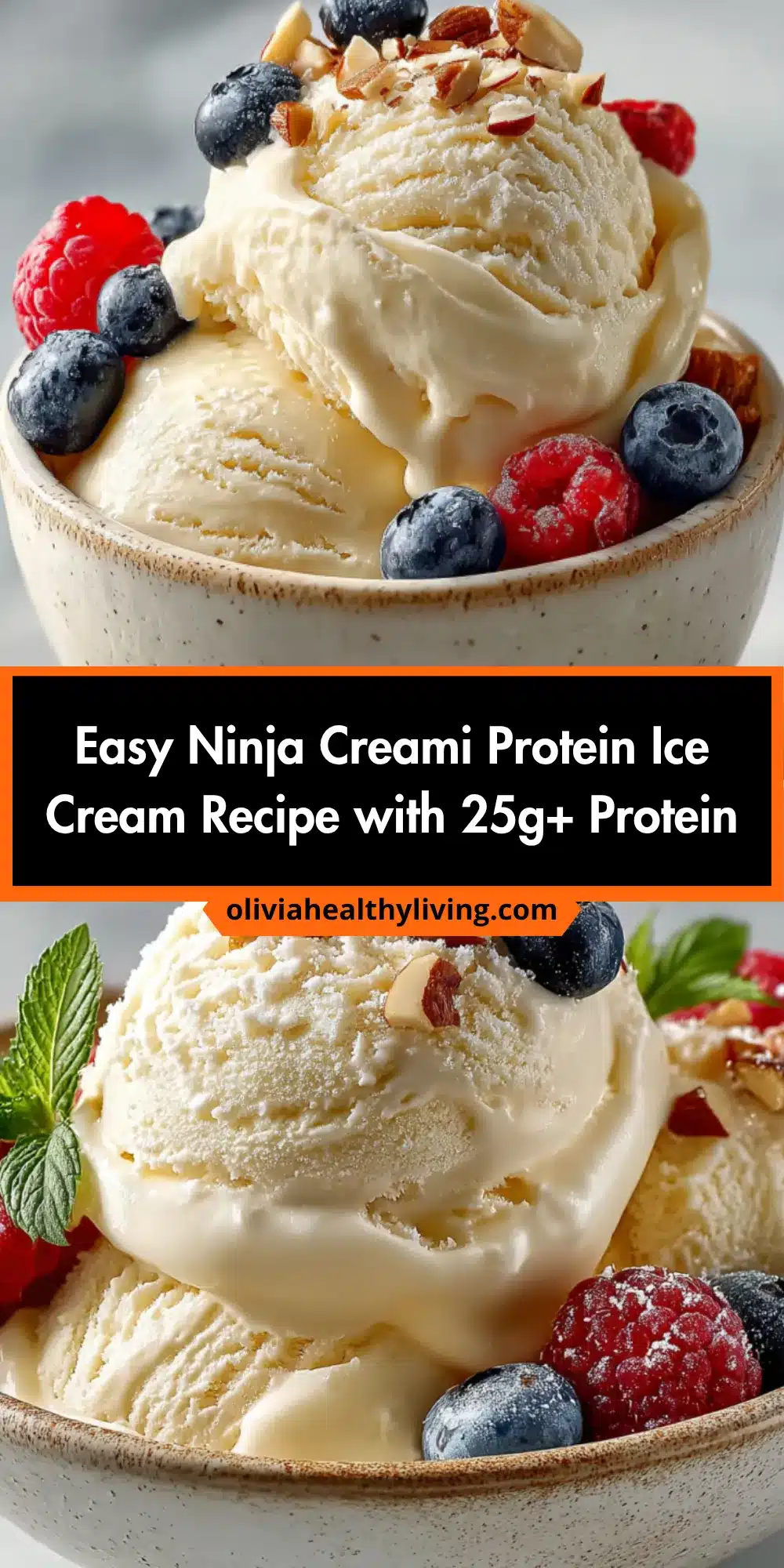 Close up of protein ice cream with berries and nuts in ceramic bowl
