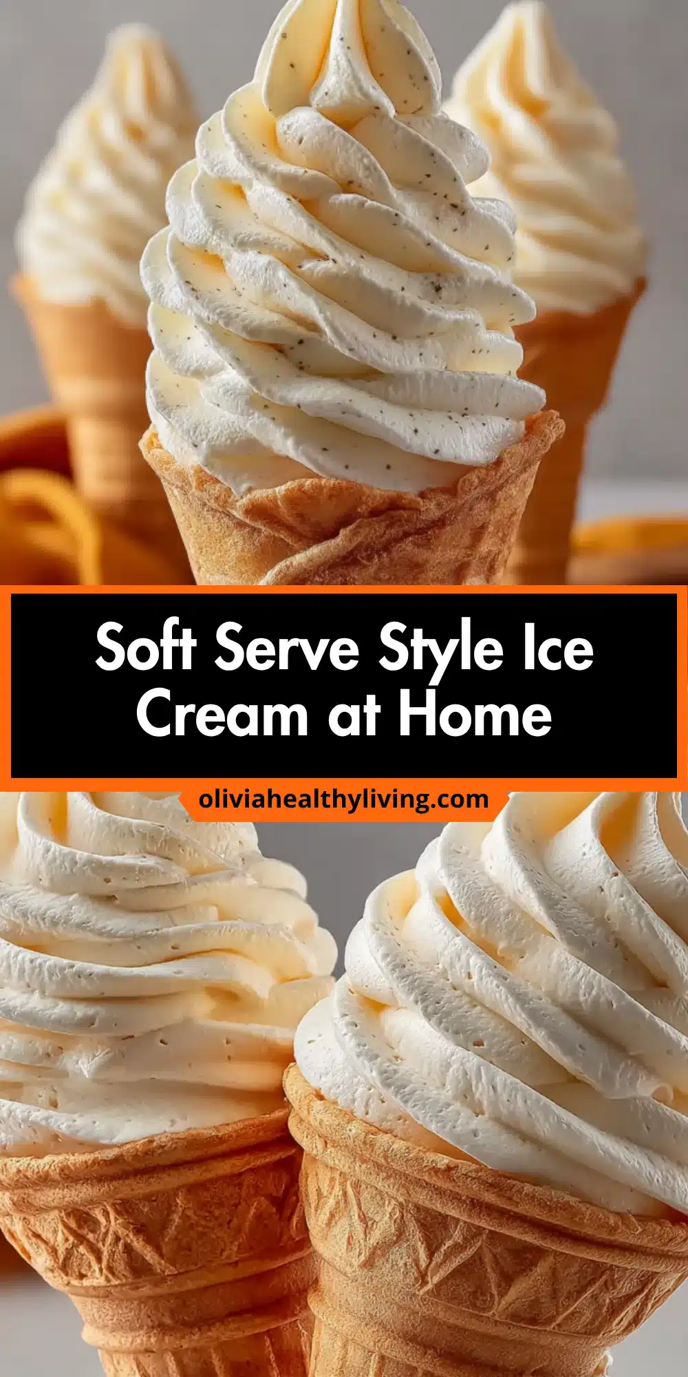 Close up of vanilla soft serve ice cream with vanilla bean specks in waffle cone