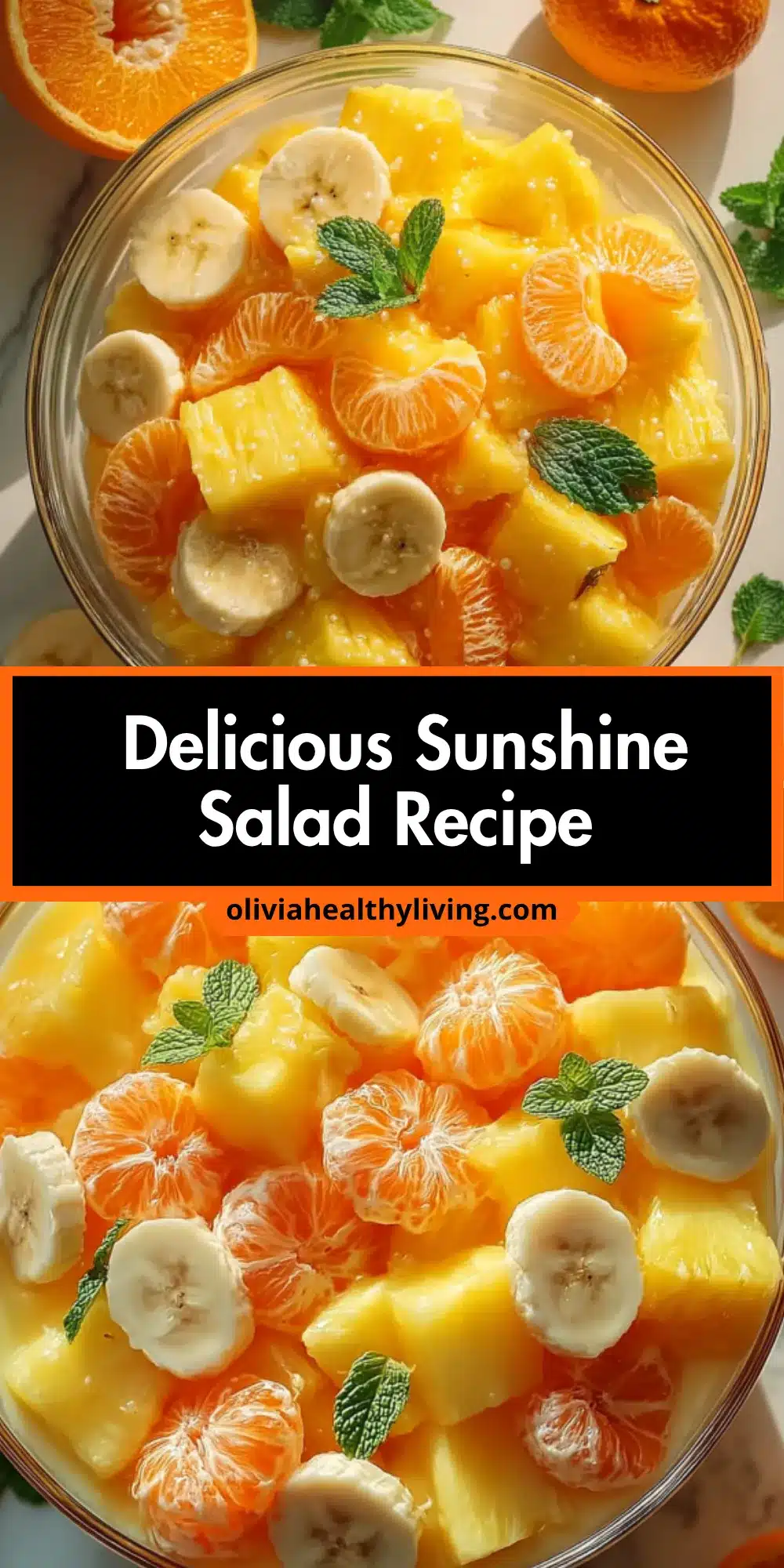 Close up overhead view of sunshine fruit salad with pineapple mandarin oranges and bananas in a glass bowl with mint garnish