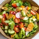 Lebanese fattoush salad featuring lettuce, radishes, cherry tomatoes, cucumbers, mint, and crispy pita chips in a brown bowl