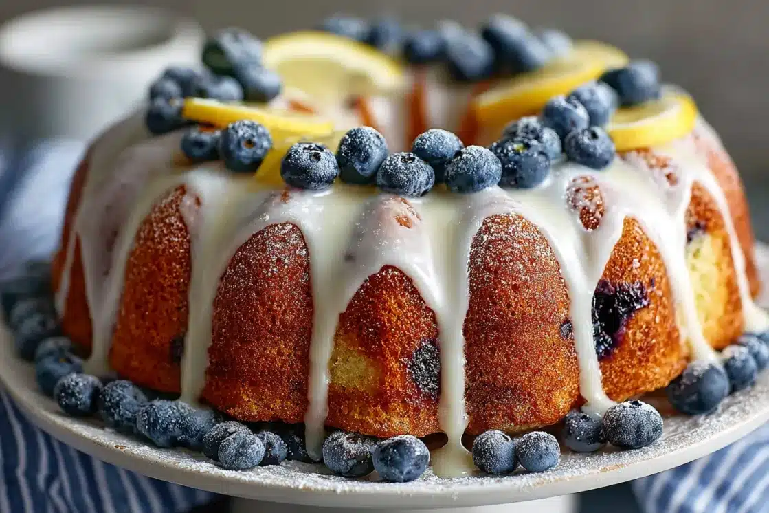 Whole lemon blueberry bundt cake with white glaze dripping down fluted sides, garnished with fresh blueberries and lemon slices