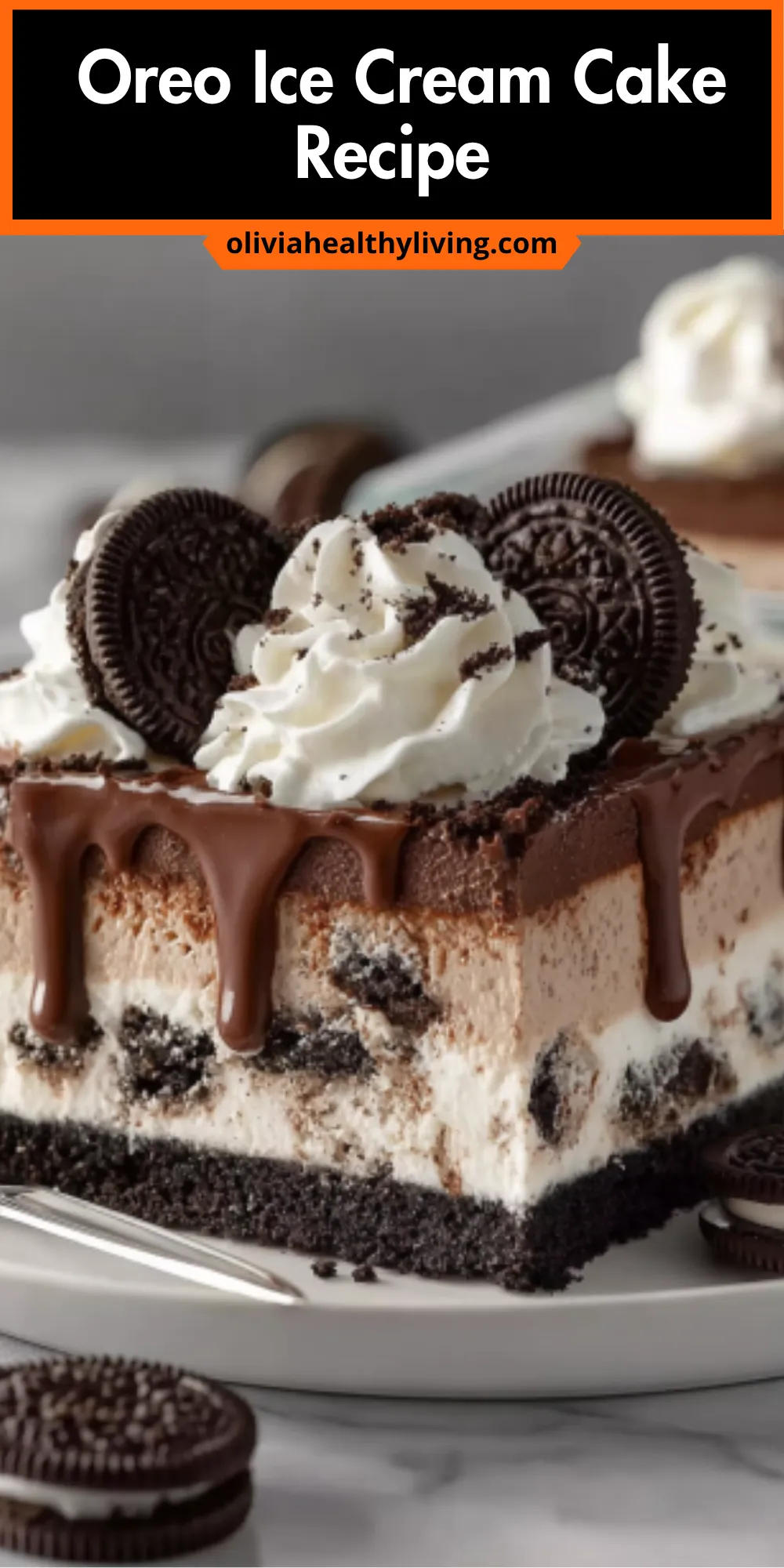 Complete view of indulgent Oreo ice cream cake slice with layered textures