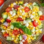 Finished corn salad with feta cheese, cherry tomatoes, cucumber and fresh basil in glass bowl on wooden surface
