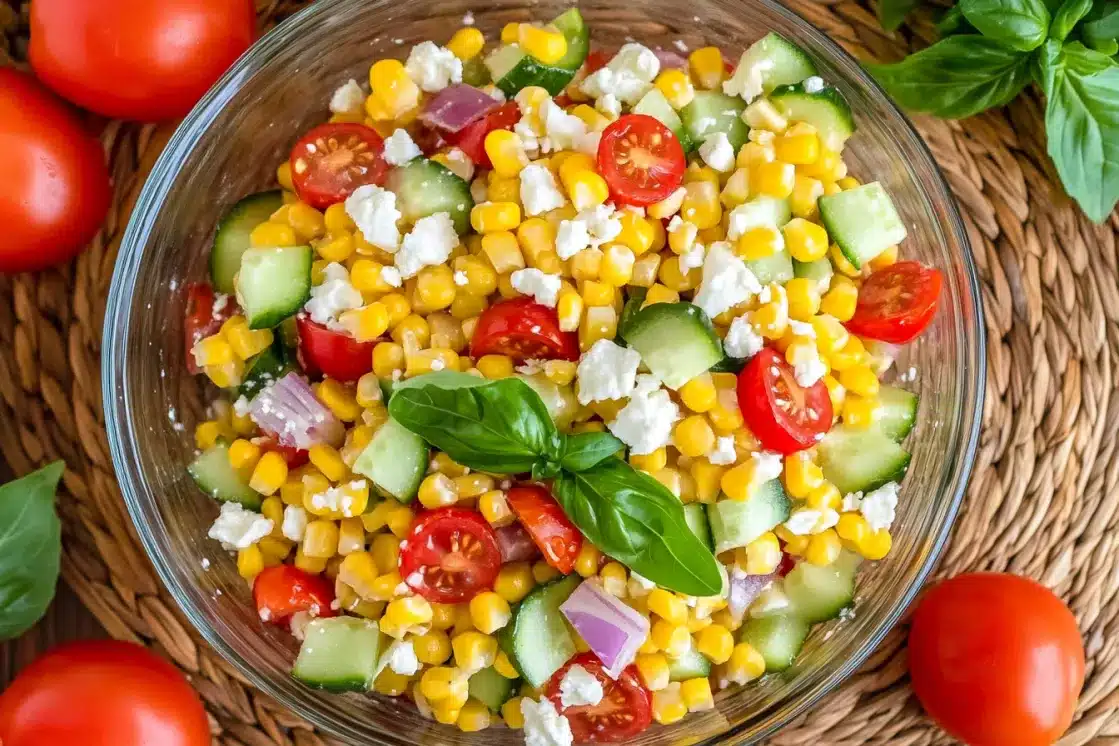 Finished corn salad with feta cheese, cherry tomatoes, cucumber and fresh basil in glass bowl on wooden surface