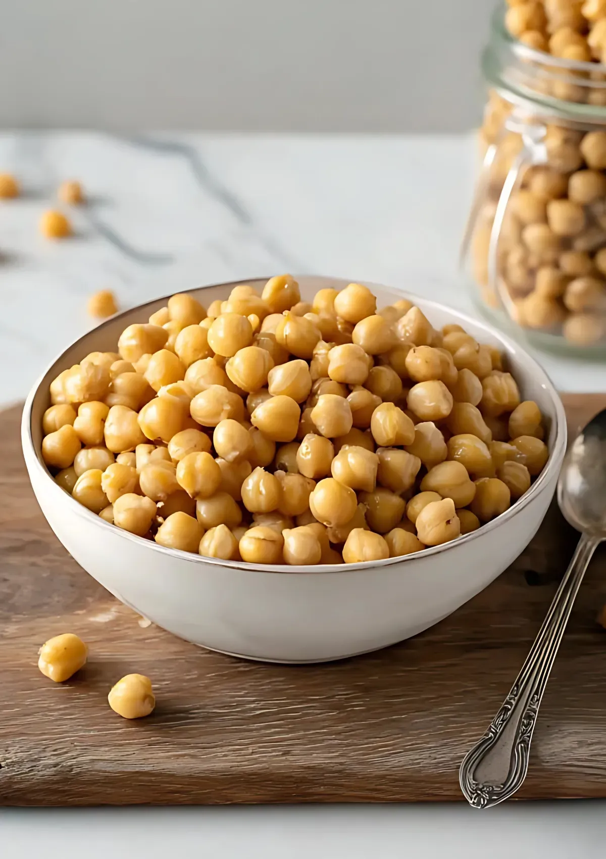 Bowl of cooked chickpeas on a wooden board with spoon and scattered legumes