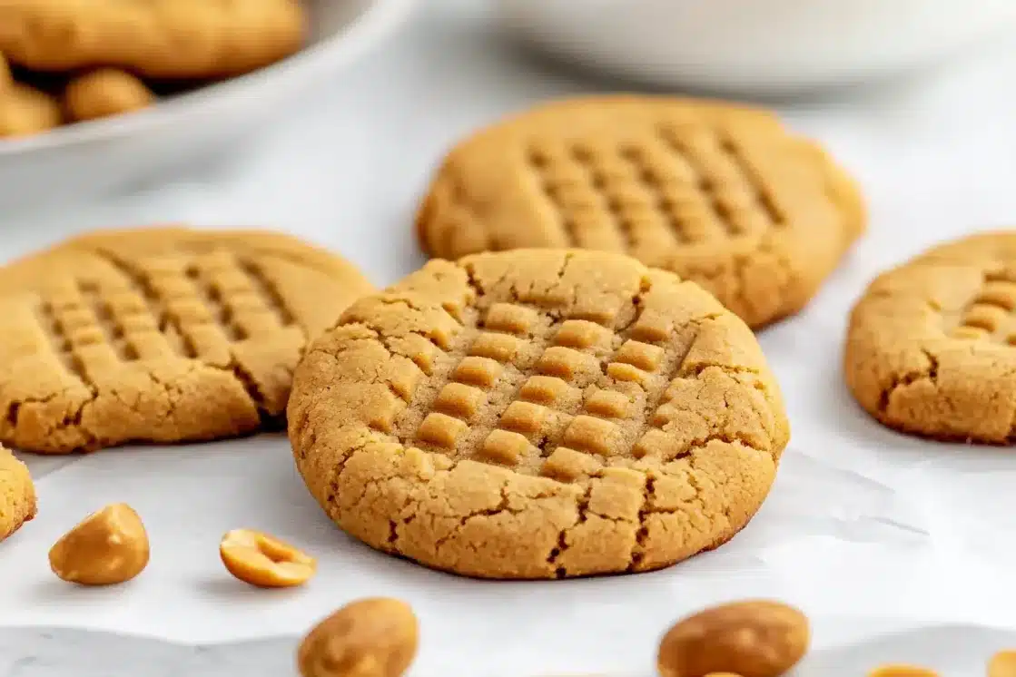Freshly baked peanut butter cookies cooling on parchment paper with golden brown edges and crosshatch pattern