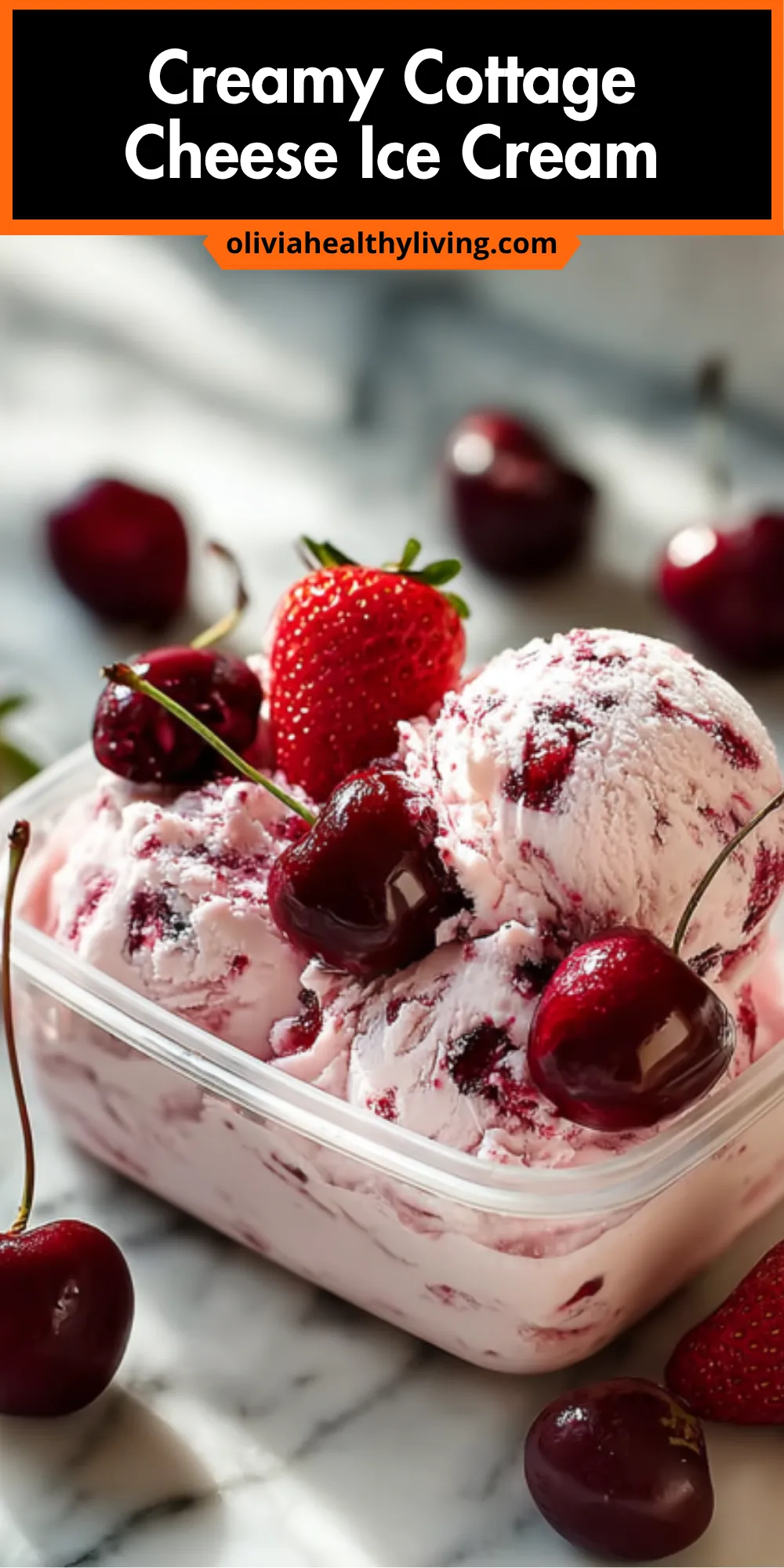 Cottage cheese ice cream recipe title card showing berry-flavored frozen dessert in container