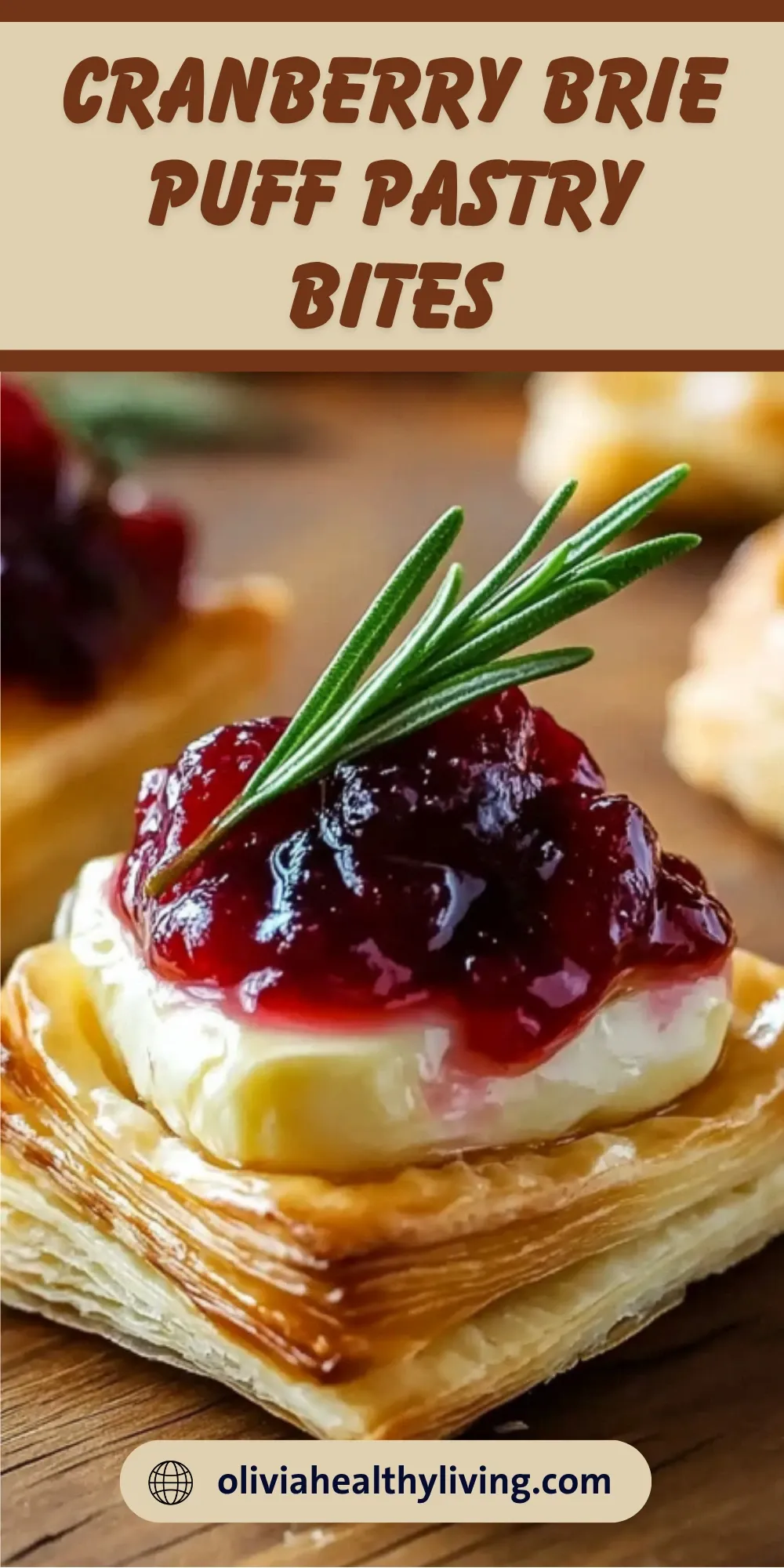 Cranberry brie puff pastry bites recipe title graphic with close-up appetizer photo