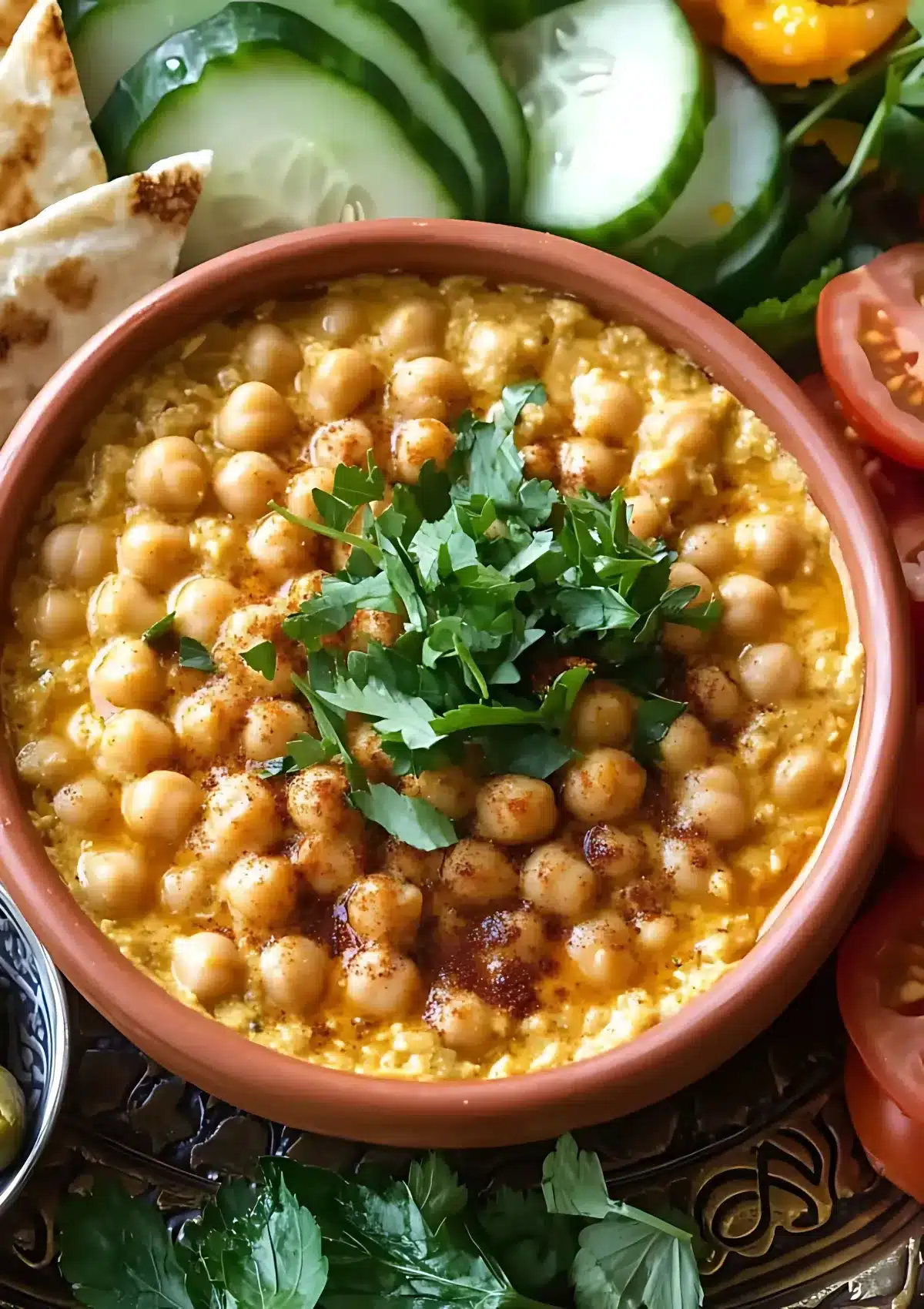 Close-up of a creamy Lebanese chickpea dish (balila) topped with parsley, served with cucumbers and pita bread.