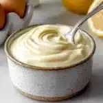 A rustic speckled bowl filled with creamy homemade mayonnaise, swirled texture, with a spoon dipped in.