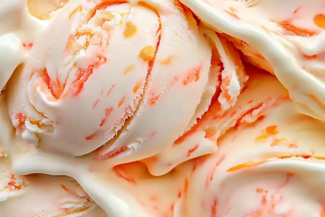 Close-up macro shot of creamy peach ice cream showing smooth texture with peach fruit swirls
