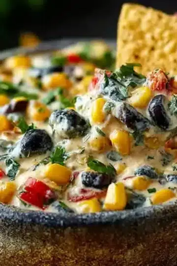 A close-up of a creamy poolside dip with corn, black olives, diced red peppers, and herbs on a tortilla chip.