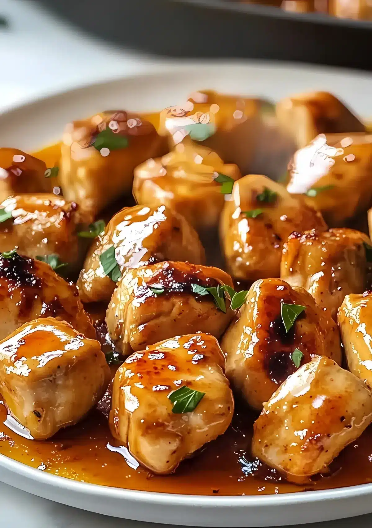 Perfectly glazed chicken breast pieces with golden brown caramelization and fresh parsley