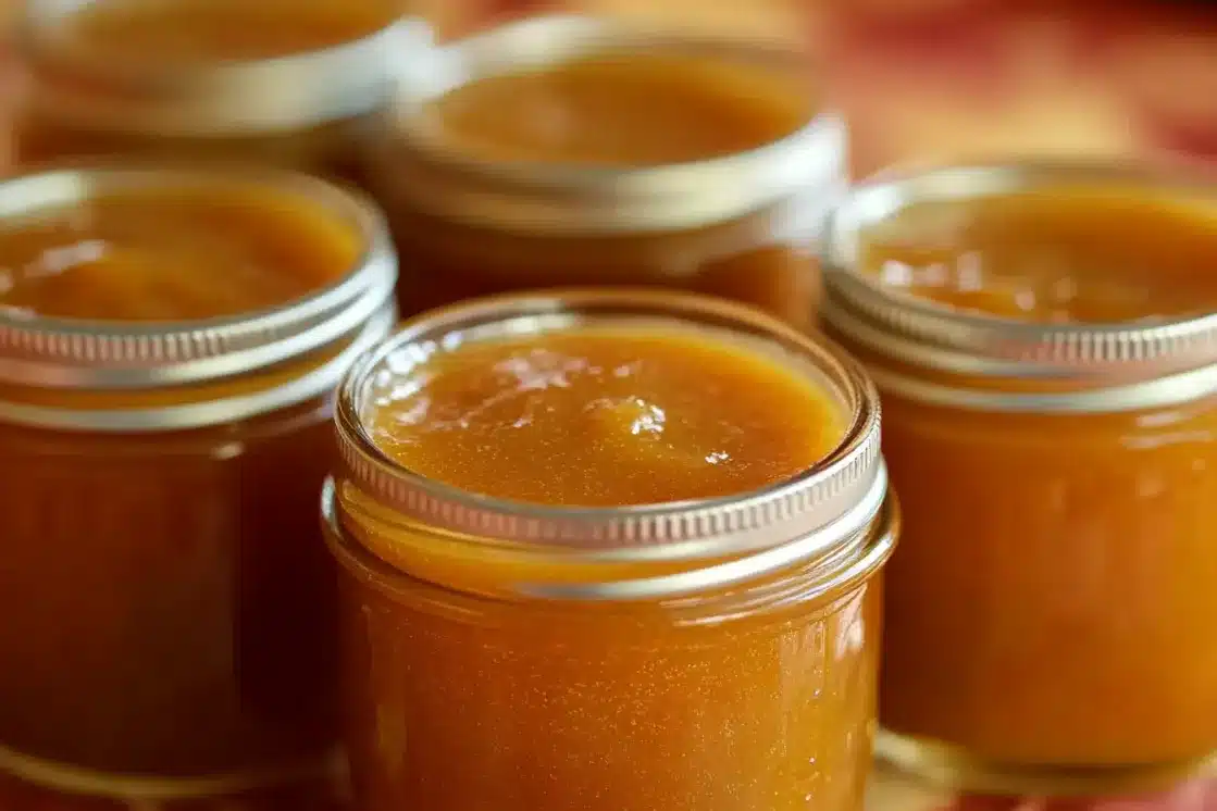 Open mason jar showing smooth golden peach butter texture with several sealed jars in soft focus background