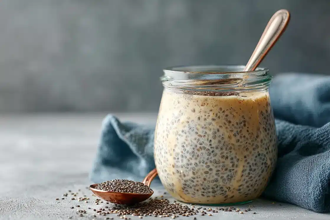 Vanilla chia pudding in mason jar with metal spoon, wooden spoon with chia seeds, surrounded by blue kitchen towelVanilla chia pudding in mason jar with metal spoon, wooden spoon with chia seeds, surrounded by blue kitchen towel