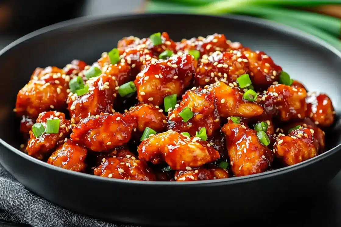 Sweet chili chicken pieces in black skillet showing crispy coating and glossy sweet chili sauce with sesame seeds and scallions