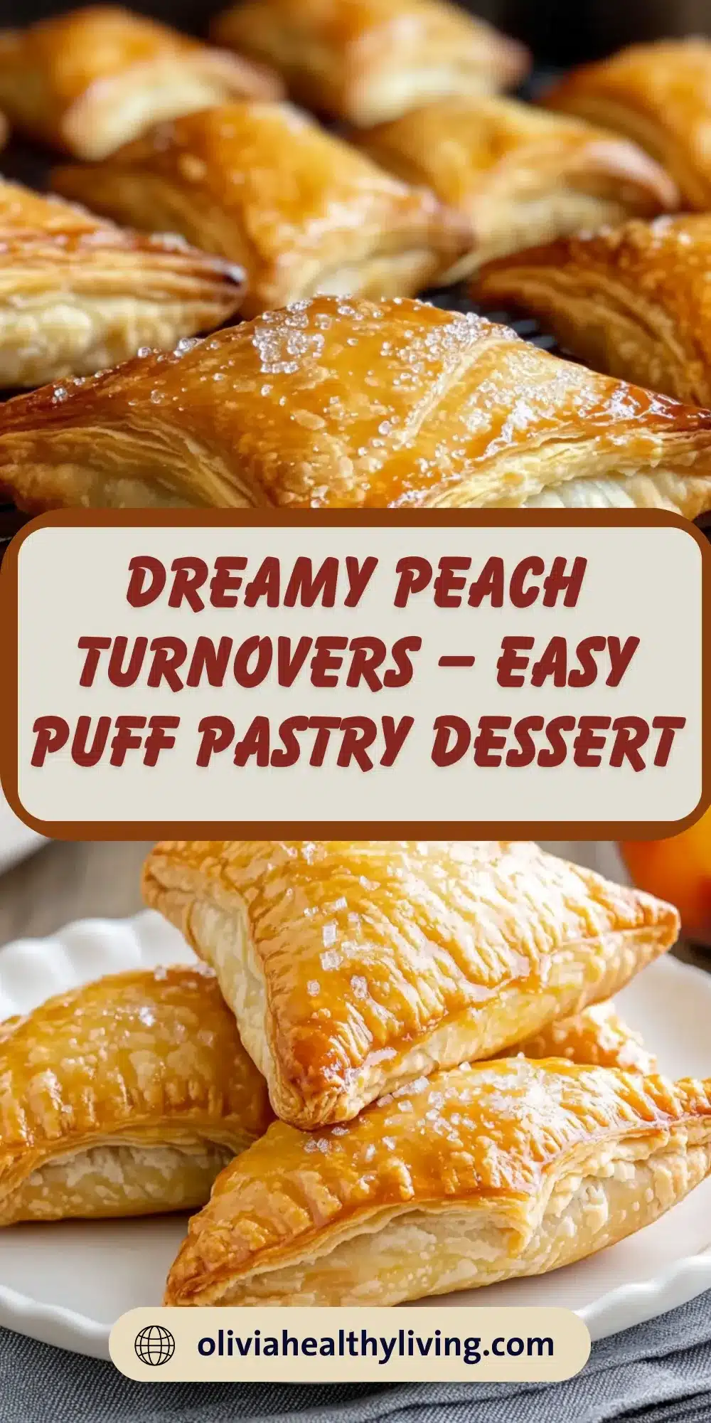 Multiple golden brown peach turnovers with coarse sugar topping arranged on white plate, showing layers of buttery puff pastry