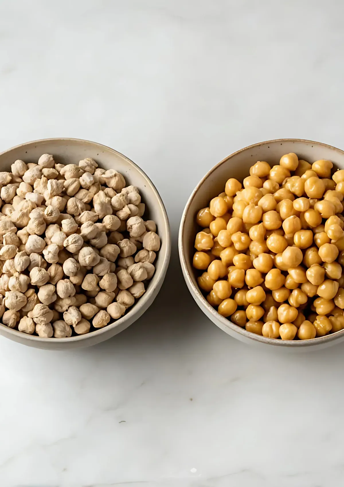 Side-by-side comparison of dried chickpeas and cooked chickpeas in ceramic bowls