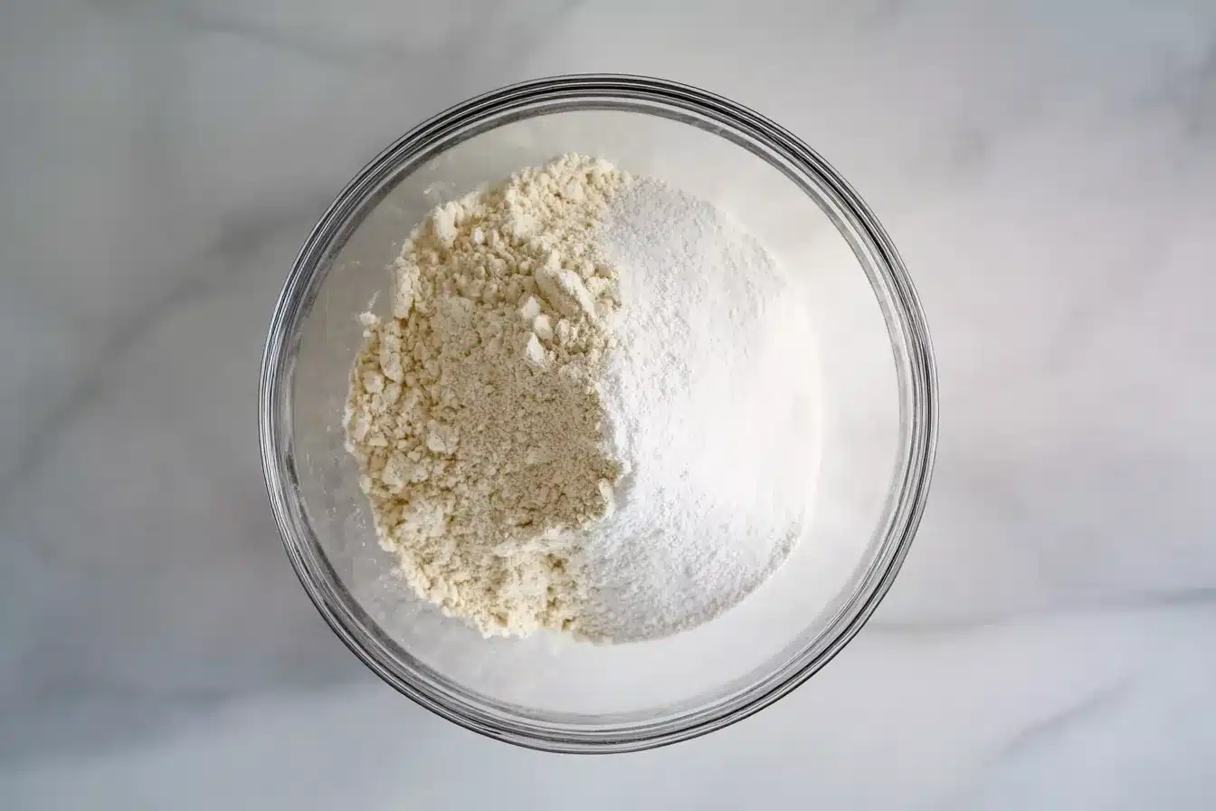 A glass bowl containing flour and sugar on a marble surface.