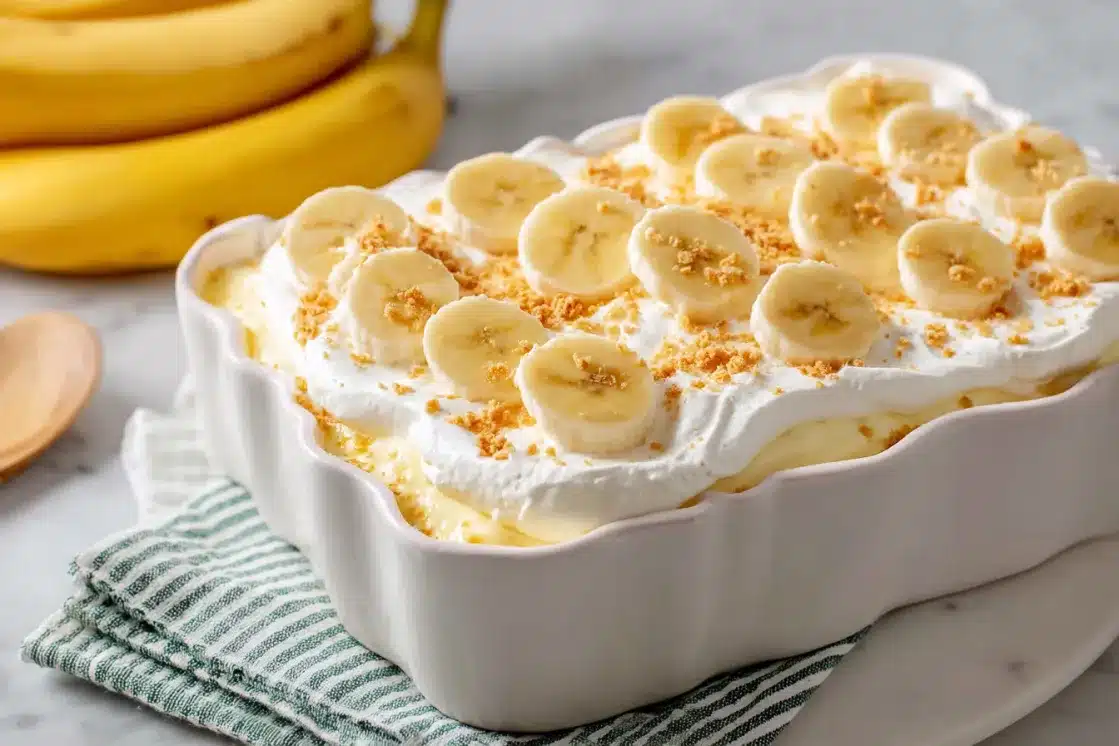 Banana pudding poke cake in white baking dish topped with whipped cream, fresh banana slices and crushed vanilla wafers