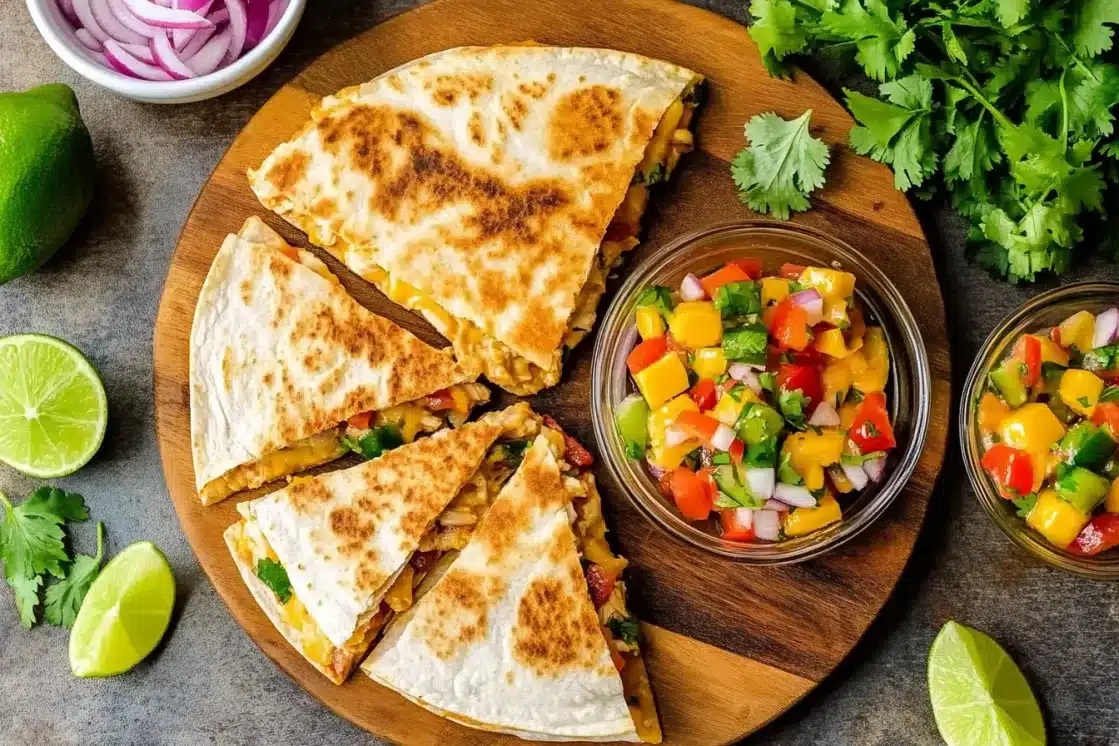 Homemade chicken quesadilla served on round wooden cutting board with fresh mango avocado salsa and lime wedges