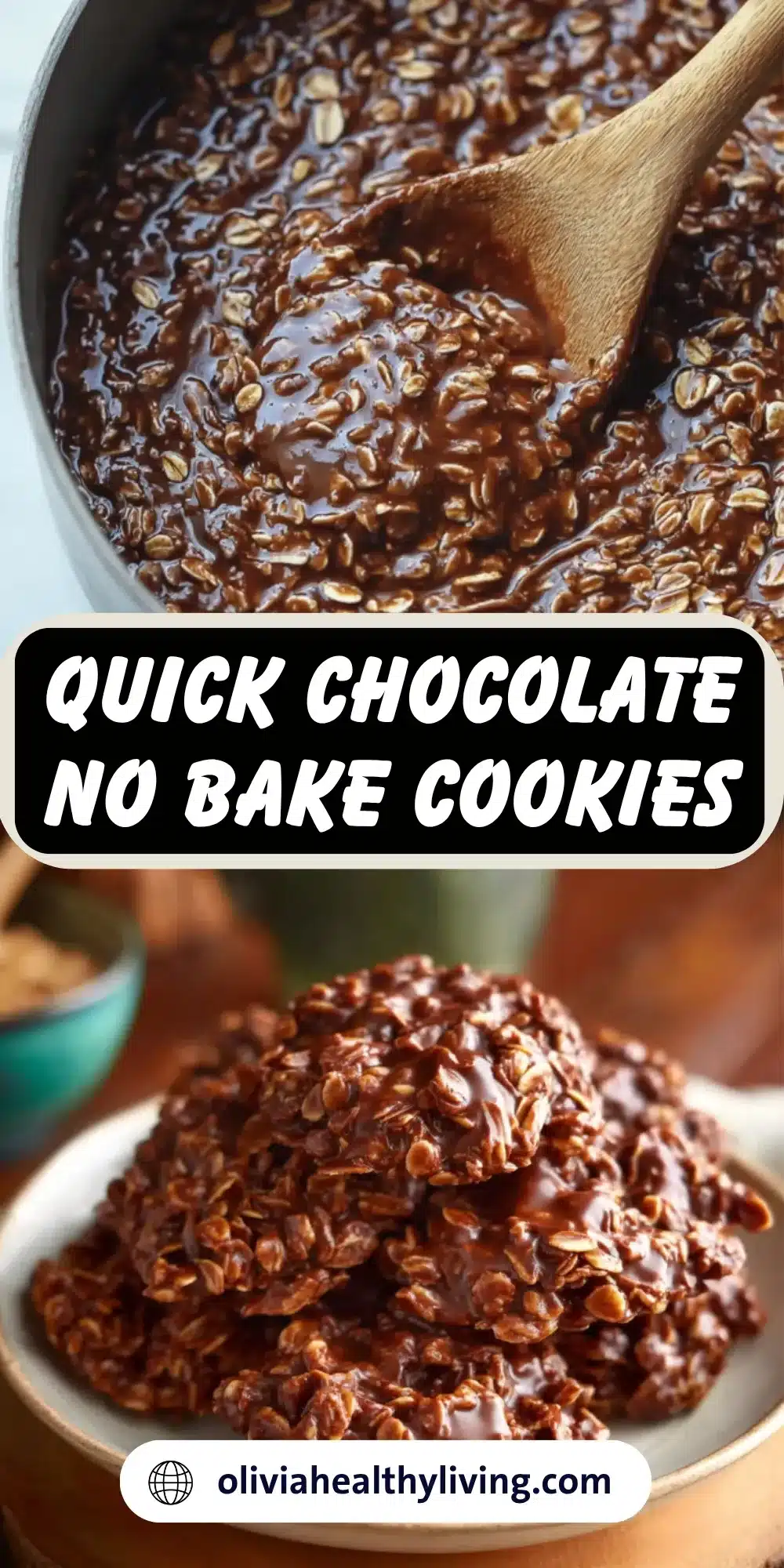 Step-by-step visual of chocolate no bake cookie preparation and finished stack.