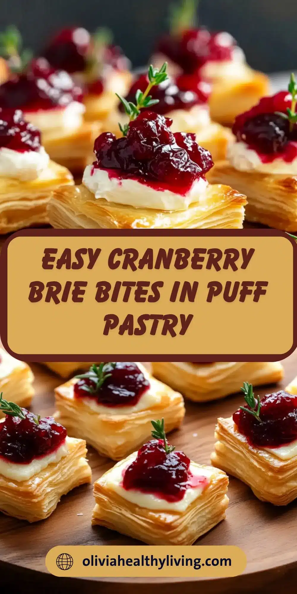 Easy cranberry brie bites in puff pastry with melted cheese and cranberry sauce