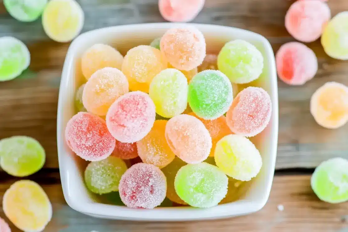 Top view of frozen grapes with Jell-O coating in a white square bowl with additional coated grapes scattered around on wooden surface