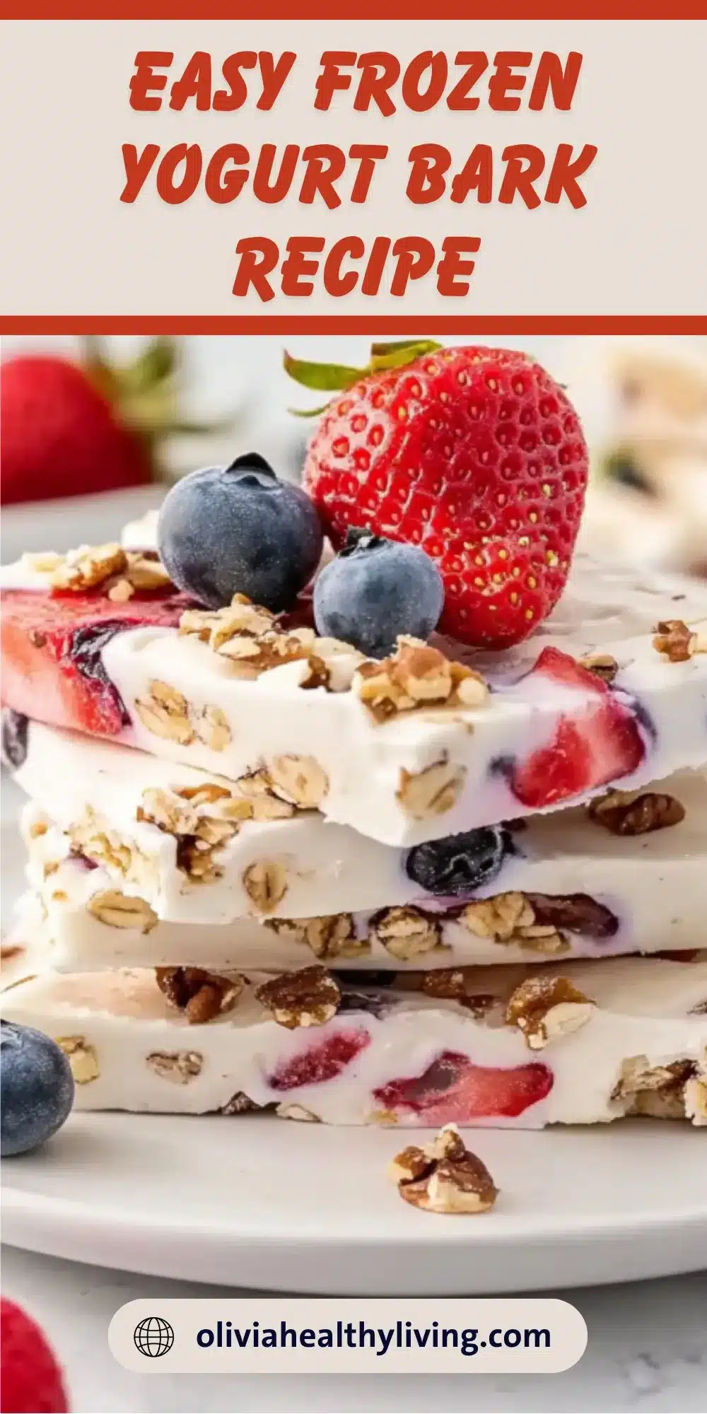 Easy frozen yogurt bark recipe with strawberries, blueberries and granola pieces stacked on white plate