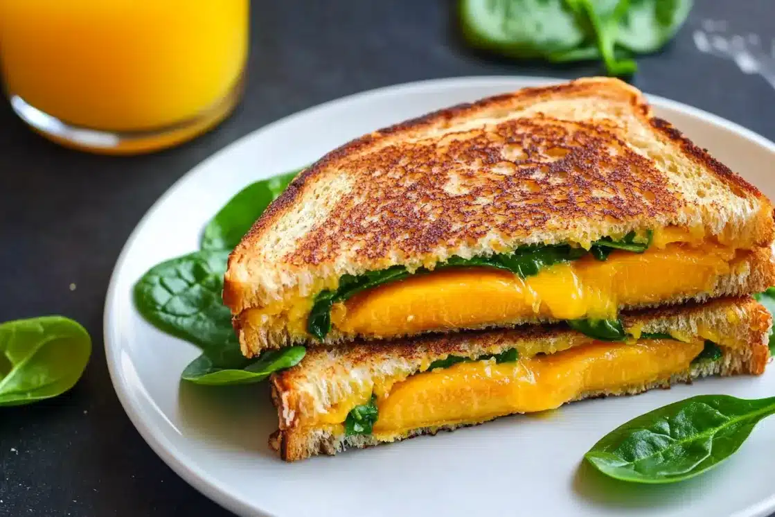 Perfect grilled cheese with peaches showing golden brown bread, melted cheddar cheese, and fresh spinach on white plate