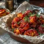 Korean baked cauliflower served in parchment paper with gochujang sauce and fresh garnishes