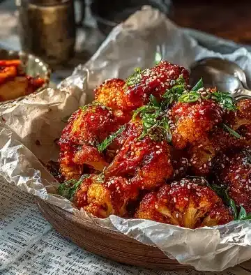 Korean baked cauliflower served in parchment paper with gochujang sauce and fresh garnishes