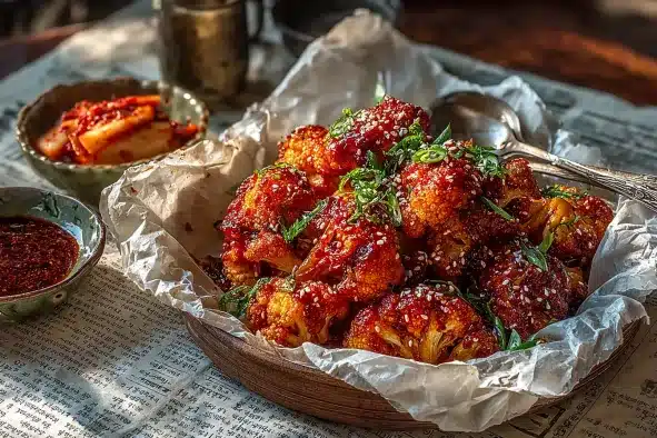 Korean baked cauliflower served in parchment paper with gochujang sauce and fresh garnishes