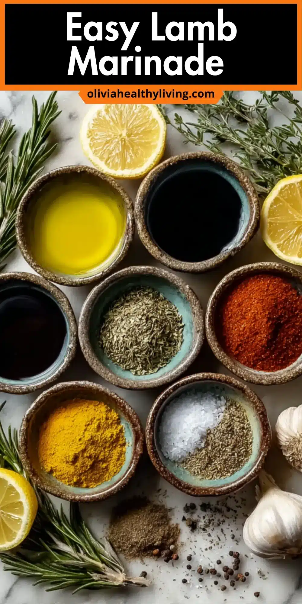 Pinterest-style recipe image showing Mediterranean lamb marinade ingredients in ceramic bowls with 'Easy Lamb Marinade' text overlay and website branding