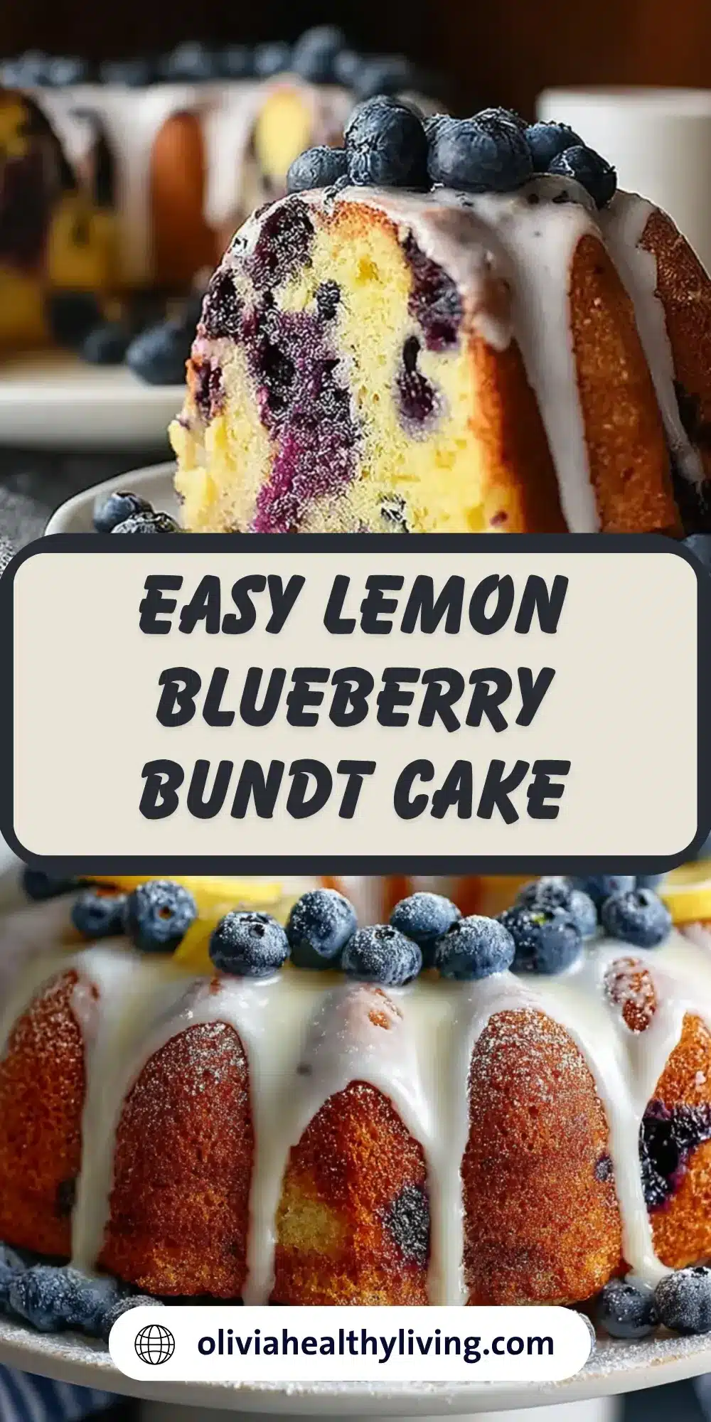 Easy lemon blueberry bundt cake slice with lemon glaze dripping down the sides, garnished with fresh blueberries on a white plate