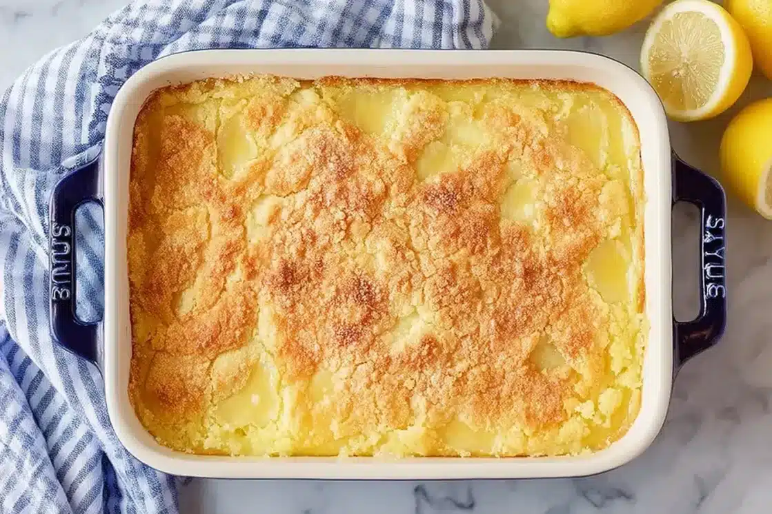 Baked easy lemon dump cake in rectangular baking dish with golden brown top and bubbling lemon filling visible around edges