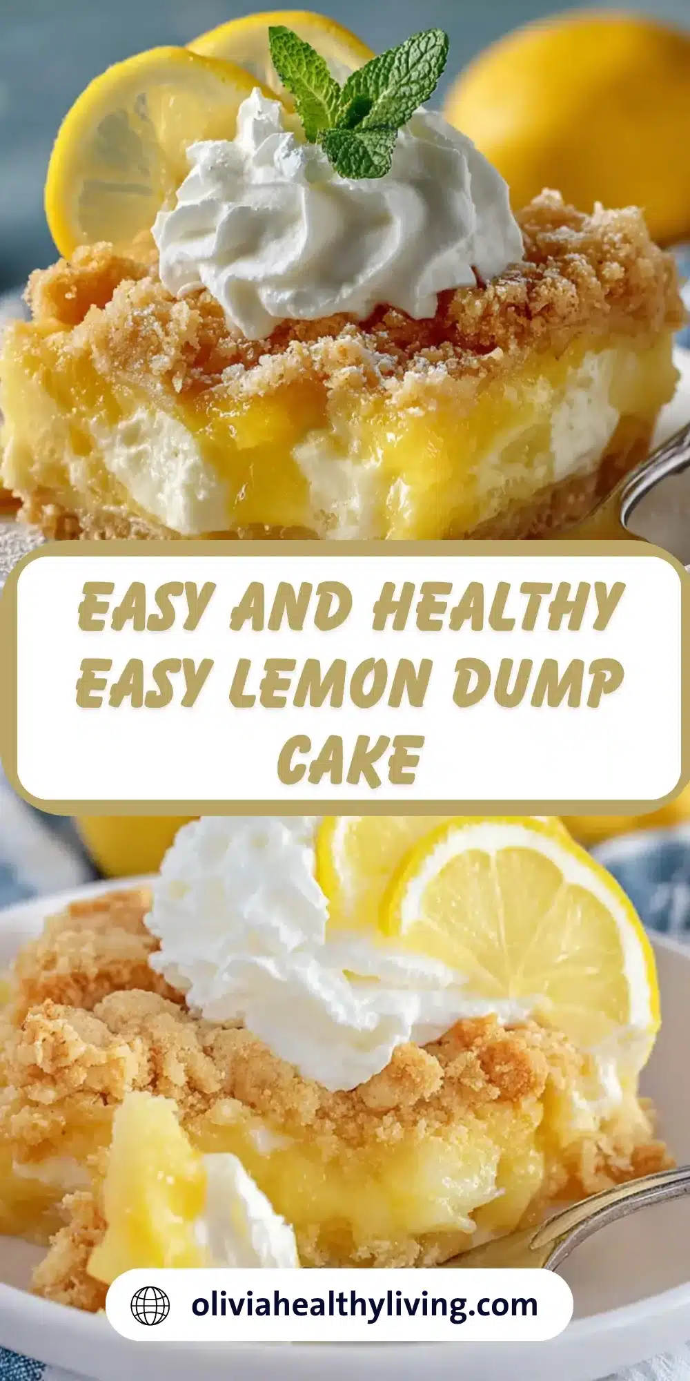 Easy and healthy lemon dump cake slice with whipped cream topping and lemon garnish, showing layers of cake mix and lemon pie filling