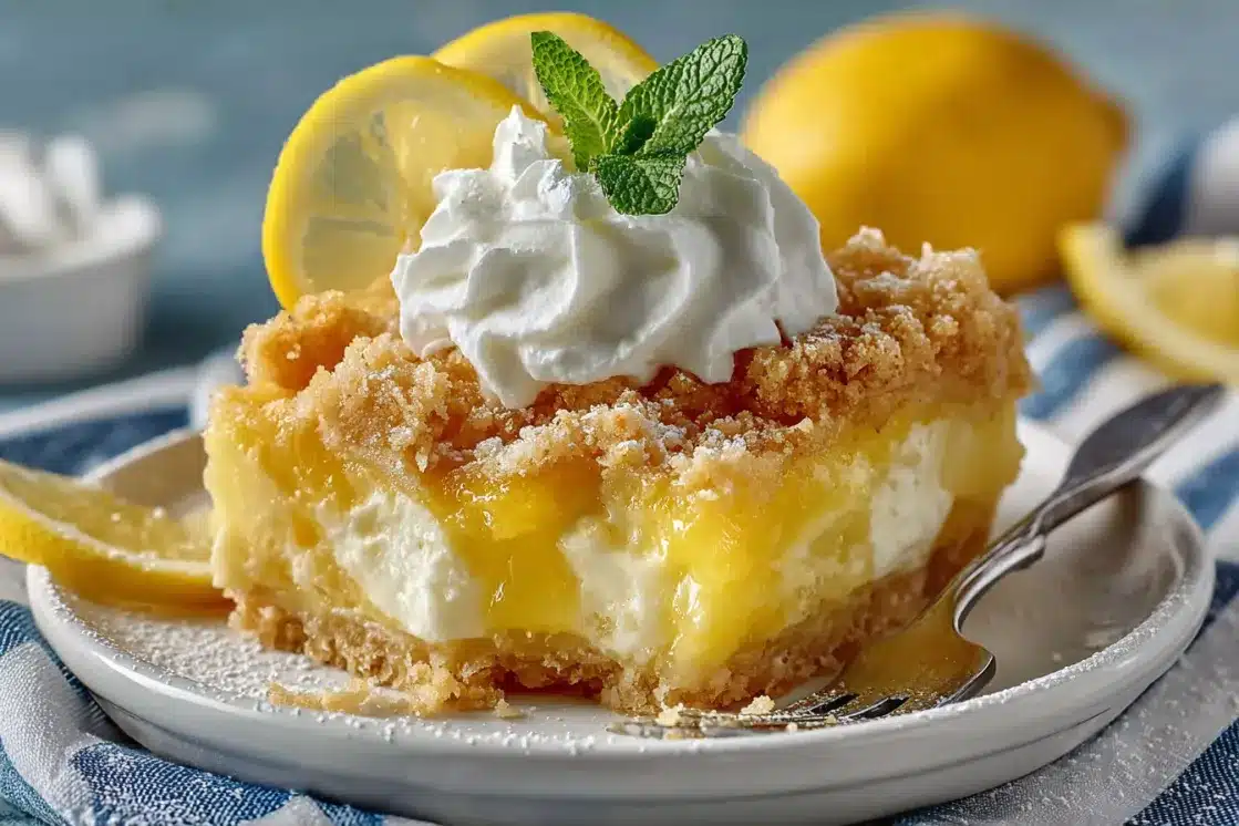 Slice of easy lemon dump cake with cream cheese on white plate, topped with whipped cream and mint garnish, showing golden crumbly texture and bright yellow lemon filling