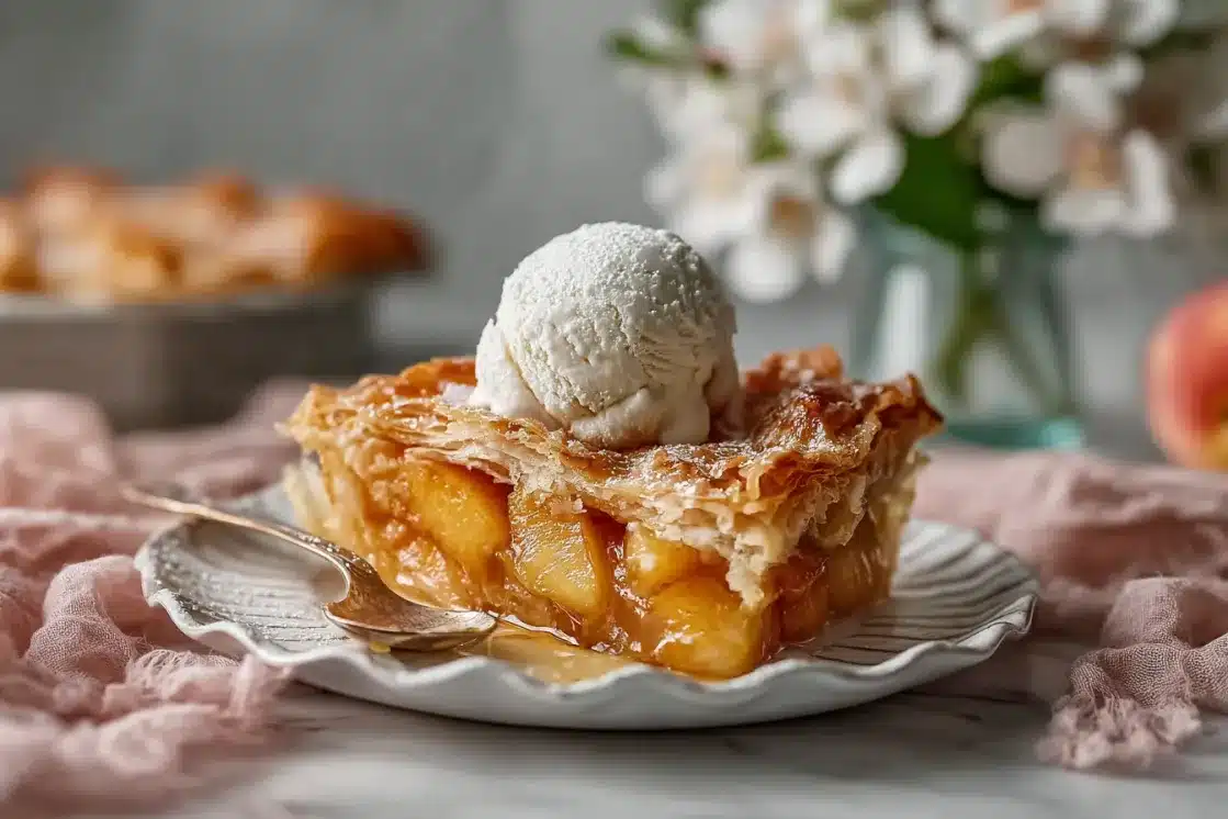 Individual serving of peach slab pie with crispy phyllo pastry and vanilla ice cream on decorative plate with fresh peaches in background