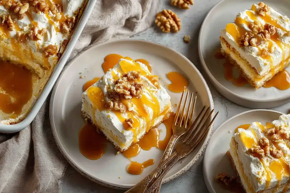 Sliced pumpkin caramel poke cake pieces on plates with caramel sauce dripping and chopped walnuts, served with gold forks